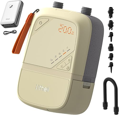 Litheli Bomba de tabla de remo, bomba SUP de alta presión de 20 PSI, bomba de aire eléctrica para inflables, batería recargable, inflado y