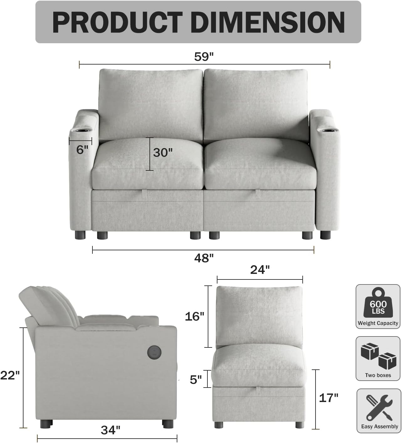 Diagram showing product dimensions and assembly information