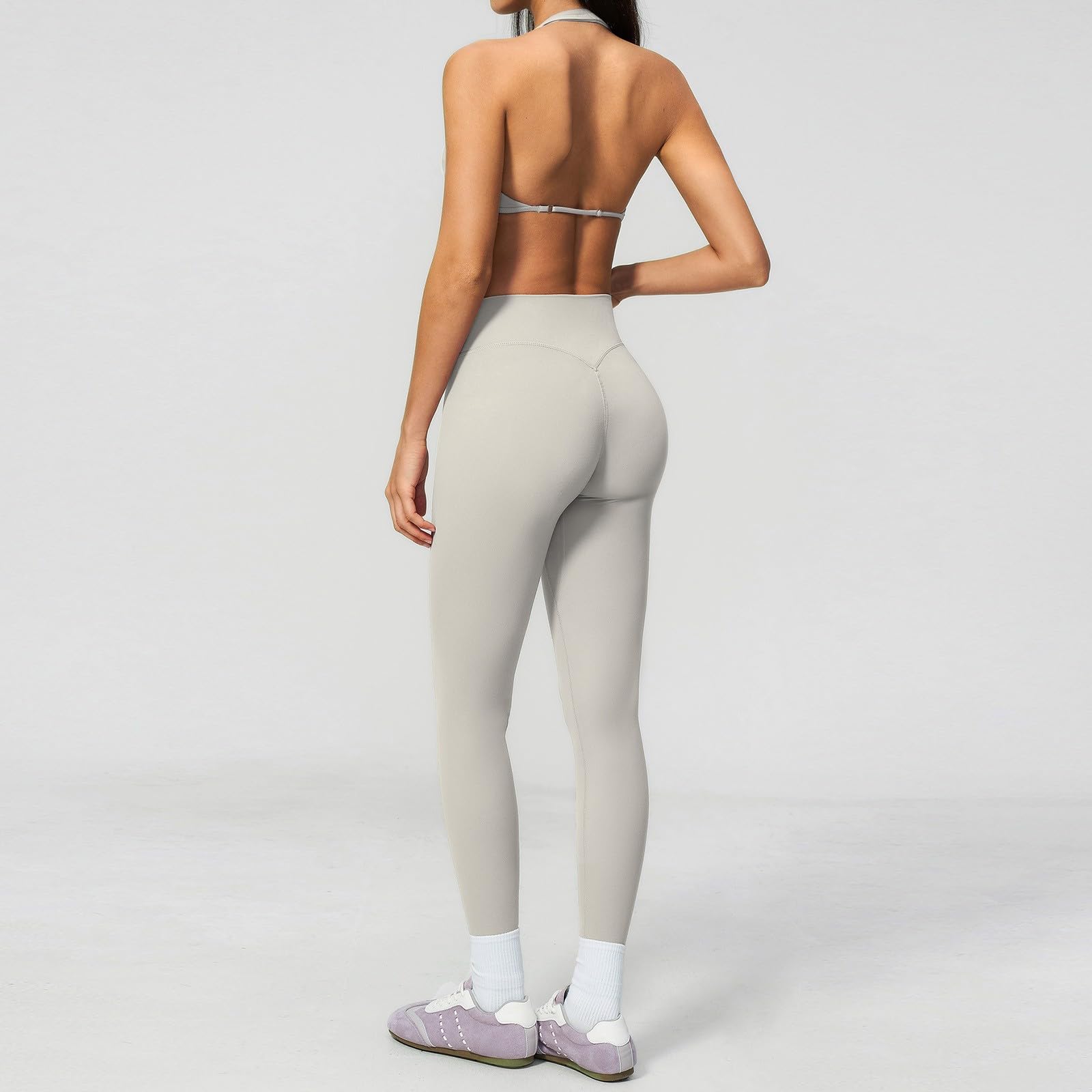 Generisch Reggiseno sportivo da donna con allacciatura al collo, a vita alta, due pezzi, abbigliamento sportivo, per fitness, spalline sottili, abbigliamento estivo, reggiseno imbottito, leggings a