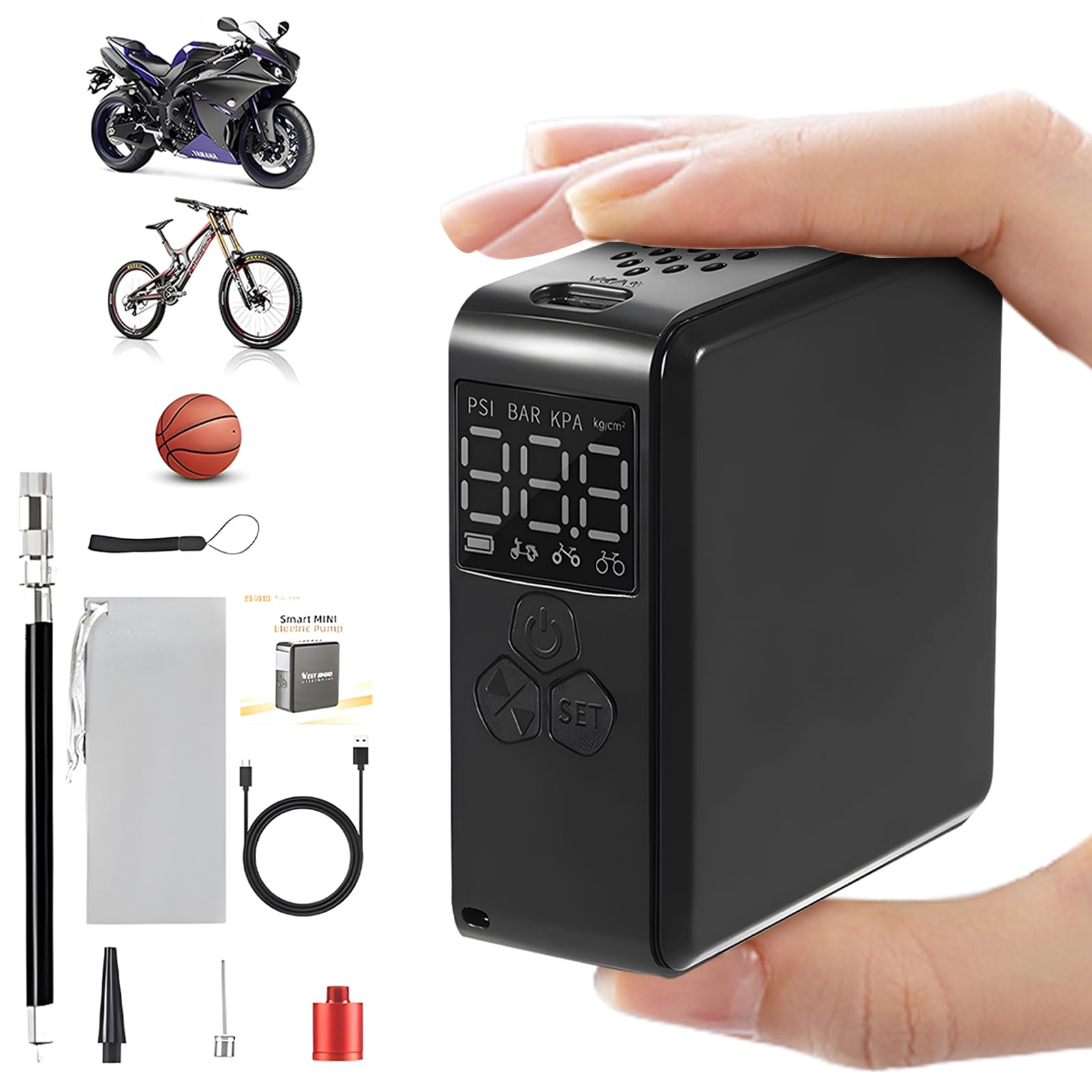 Mini pompe à air électrique avec manomètre LCD 150 PSI Gonfleur portable de pneu de vélo 2400 mAh Type-C Petit compresseur d'air rechargeable pour vélo, voiture, basketball
