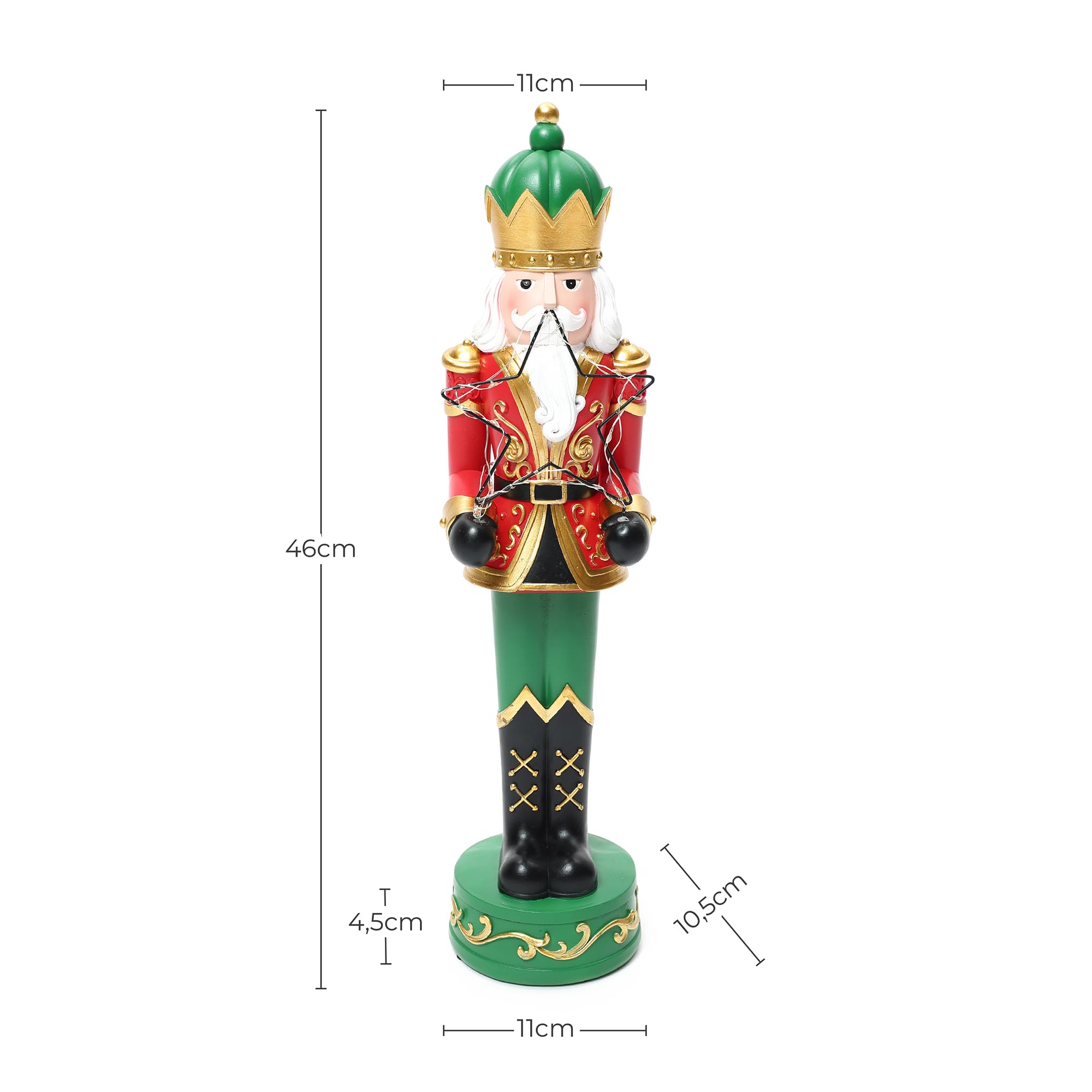 Hometopia Nussknacker Figur mit LED-Stern, 46 cm, Weihnachten Deko Rot-Grün