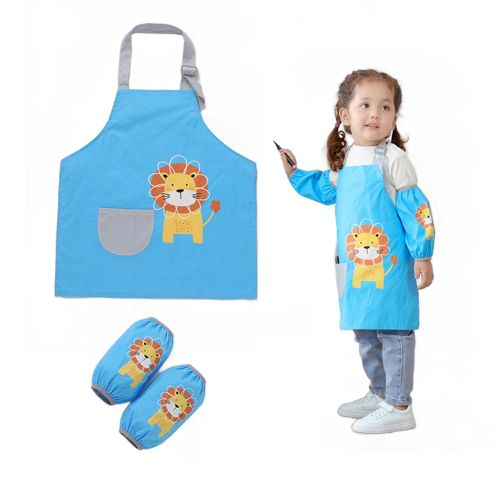 Delantal Niños Pintura Delantal Ajustable para Niñas/Niños Delantal Pintura Infantil Delantal Infantil León Impermeable Con Bolsillos y Mangas, para Pintar Cocinar Hornear de Niños de 2-5 Años