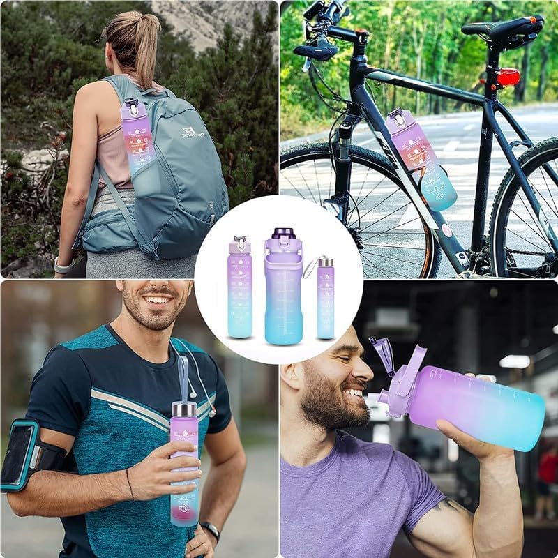Image of MOTIVATIONAL 3-Pcs (2000ML-900ML-300ML) Water Bottle with Straw & Time Marker | Leak-Proof Sports Bottle for Gym, Office, School | Break-Resistant Silicone Bottle for Daily Hydration (Yellow)