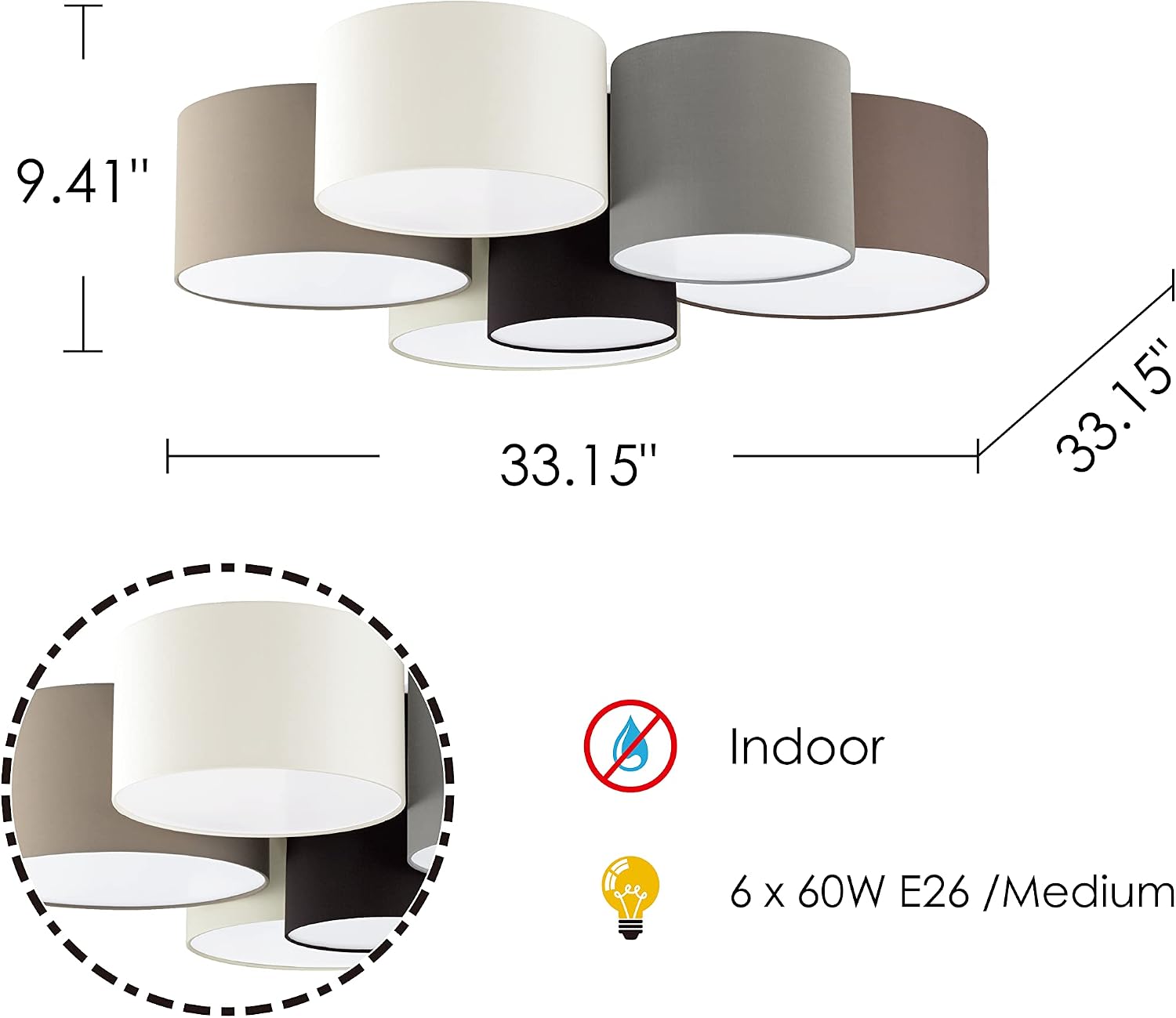 EGLO Patore 6-Light Semi Flush Drum Ceiling Light Fixture Dimmable LED Lighting Fixture for Hallway, Living Room, and Closet, White/Black/Taupe/Grey/Cappuchino