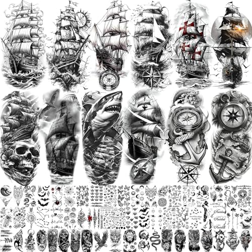 71 Sheets Sailing Ship Temporary Tattoos For Men Adults Forearm, Half Arm Sleeve Tattoo For Women Pirate Compass Anchor Faith Belief Family, Bulk Realistic Fake Tattoo Stickers Sea Wave Boat Shark