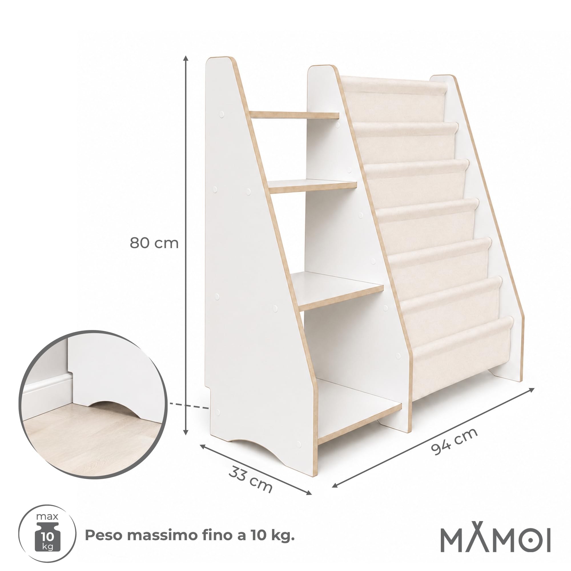 MAMOI Scaffale per libri e giocattoli per bambini, funzionale 2 in 1, organizer con ripiani e borse in tessuto, biblioteca per bambini, mobili in stile Montessori, 100% ecologico, prodotto nell'Unione