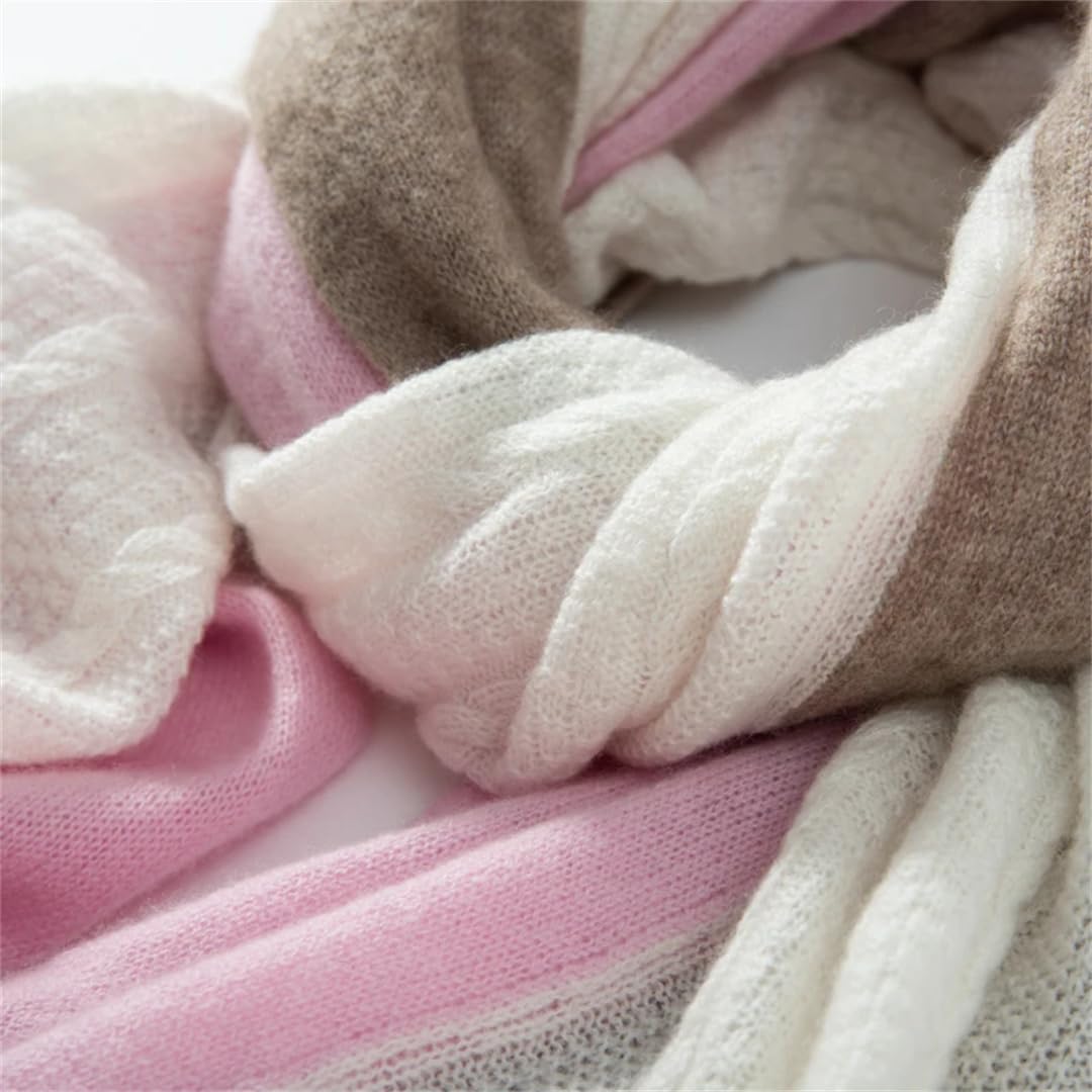 Chal de Cachemira de Invierno para Mujer, Tejido de Punto con Estampado de Rayas Jacquard y Patchwork, Suave y cálido (Beige, Talla única)