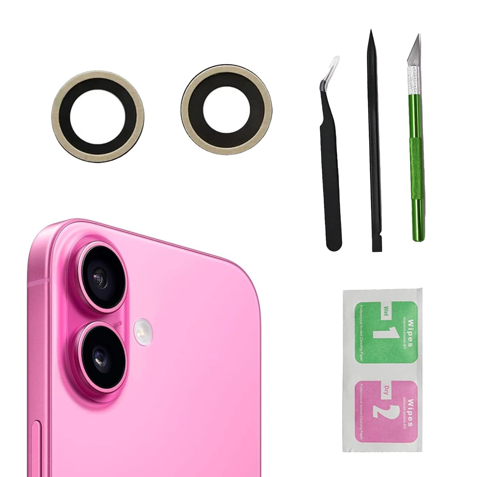 2pcs/Set Back Camera Lens Glass Replacement for iPhone 16 Camera Lens Replacement with Pre-Installed Adhesive + Repair Tool Kit, Anti-Lens Scratch &amp; Waterproof