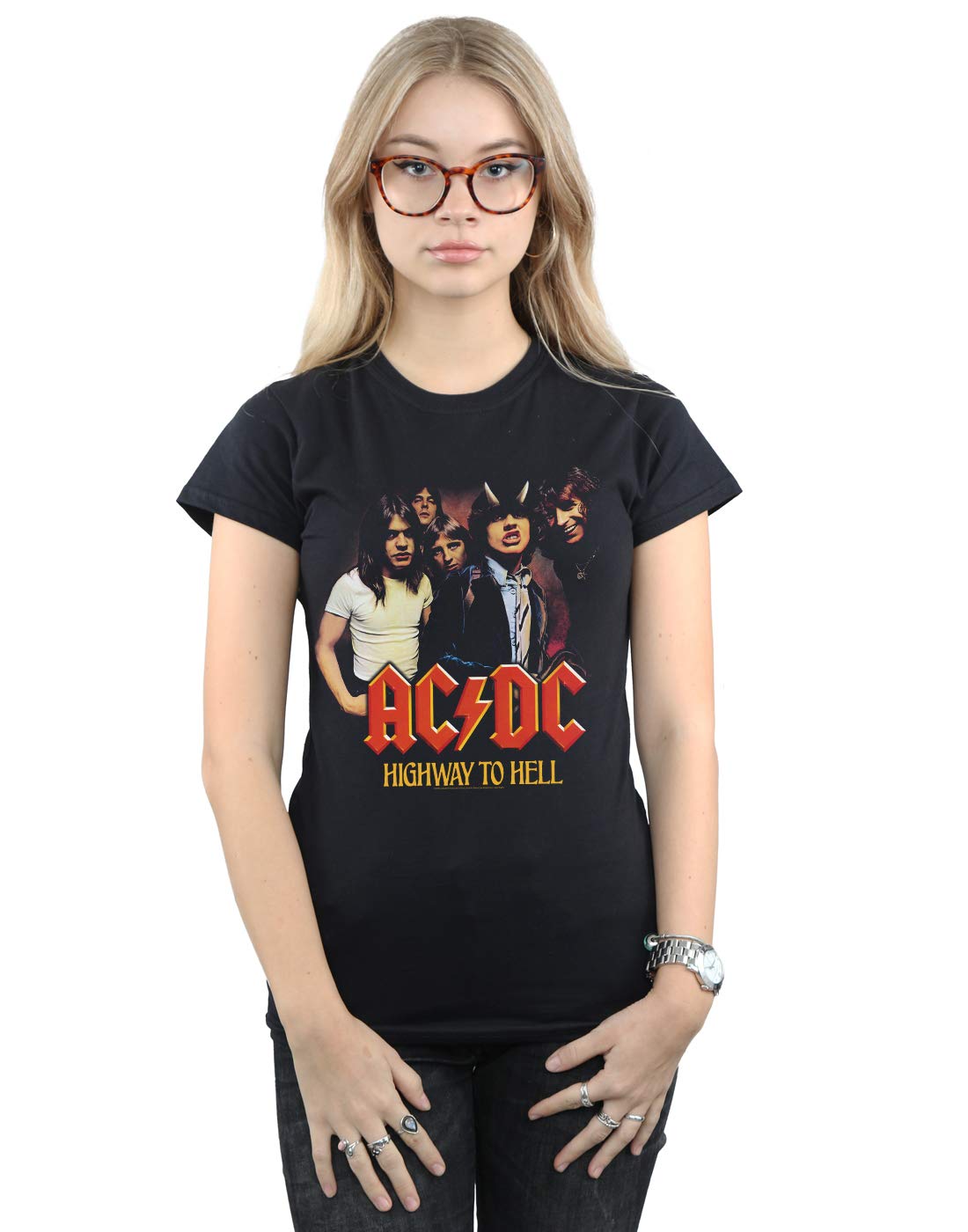 Absolute Cult Women's Black Acdc Highway To Hell Group T-Shirt Large