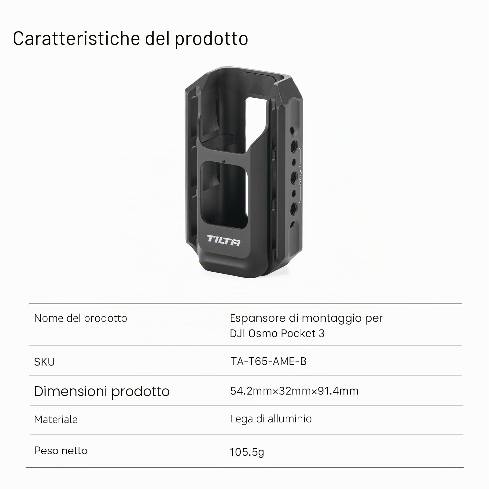 Tilta Pocket 4 Cage Adattatore di Espansione per Pocket 4 Pro Pocket 3, Accessori per la Gabbia della Fotocamera per Osmo Pocket 3/4/4P con Filettature da 1/4"-20 Guide NATO - Alluminio TA-T65-AME-B