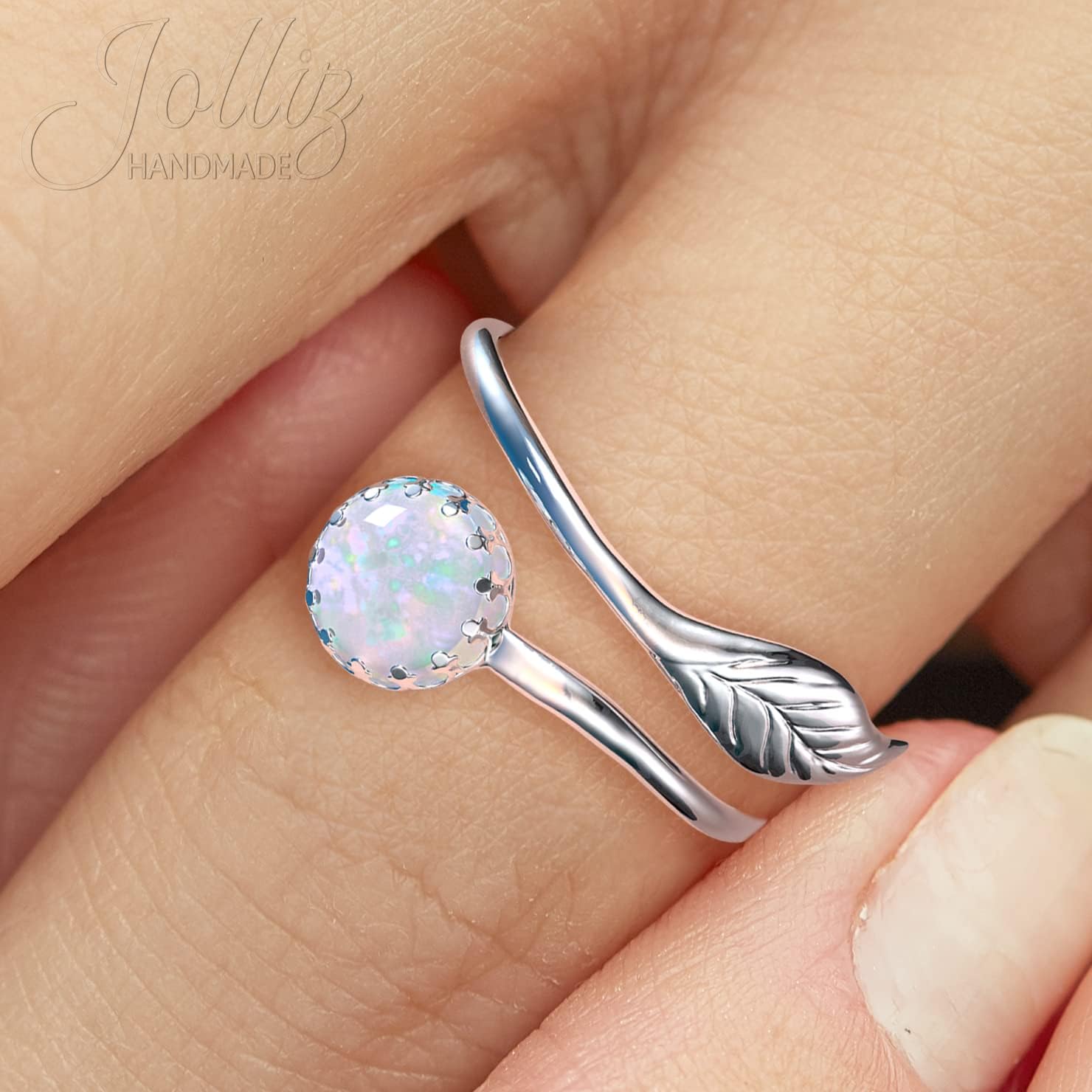 Jolliz 925 Sterling Silver Opal Ring for Women – Adjustable Wrap Leaf Band with 8mm Opal Stone – Dainty Statement Ring for Everyday Wear – Gift Ready Silver Opal Jewelry for Her - Image 2