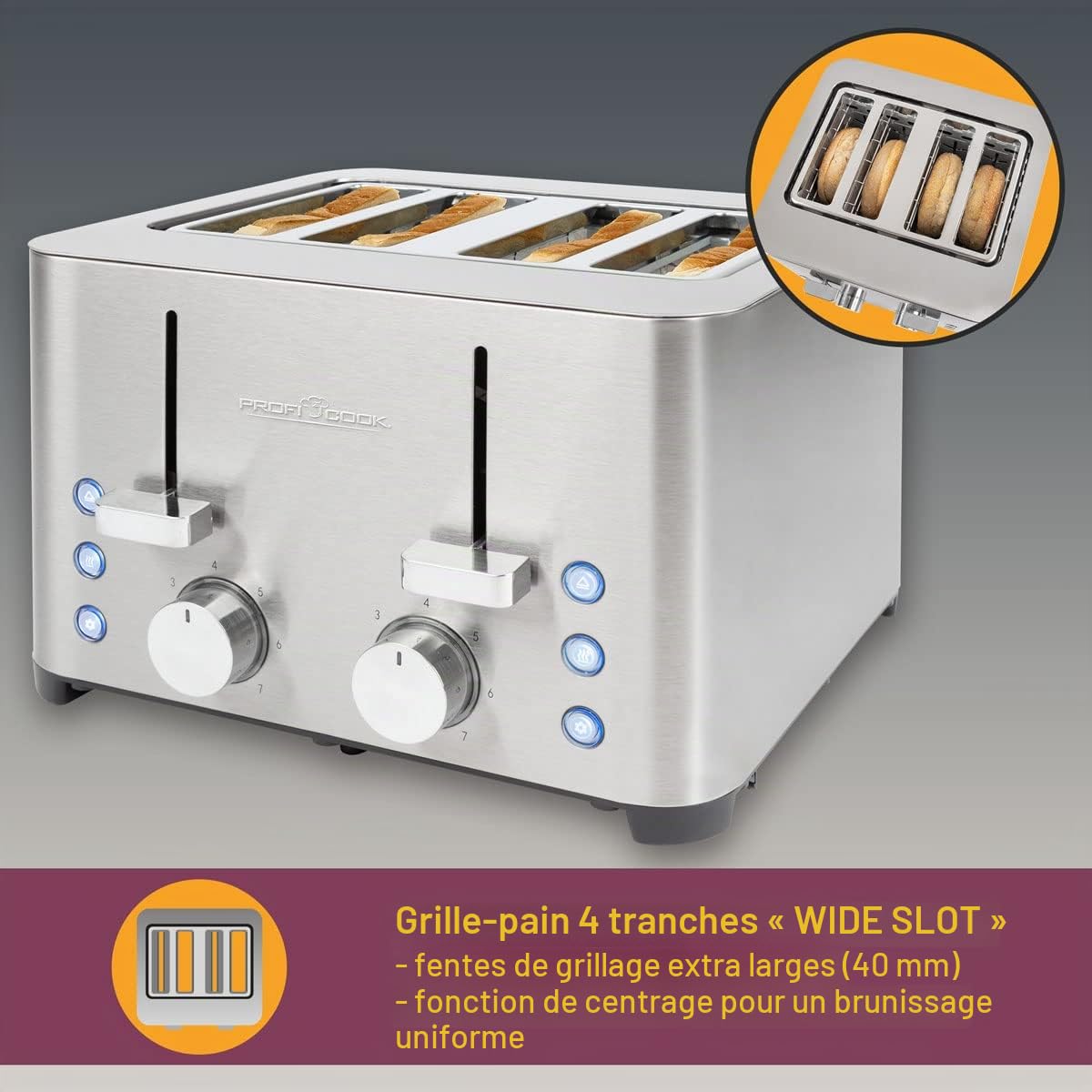 ProfiCook Grille-pain, 4 tranches, avec 2 commandes séparées, fonctions décongélation, réchauffage/arrêt rapide, support à petits pains, grille-pain en acier inoxydable, PC-TA 1252