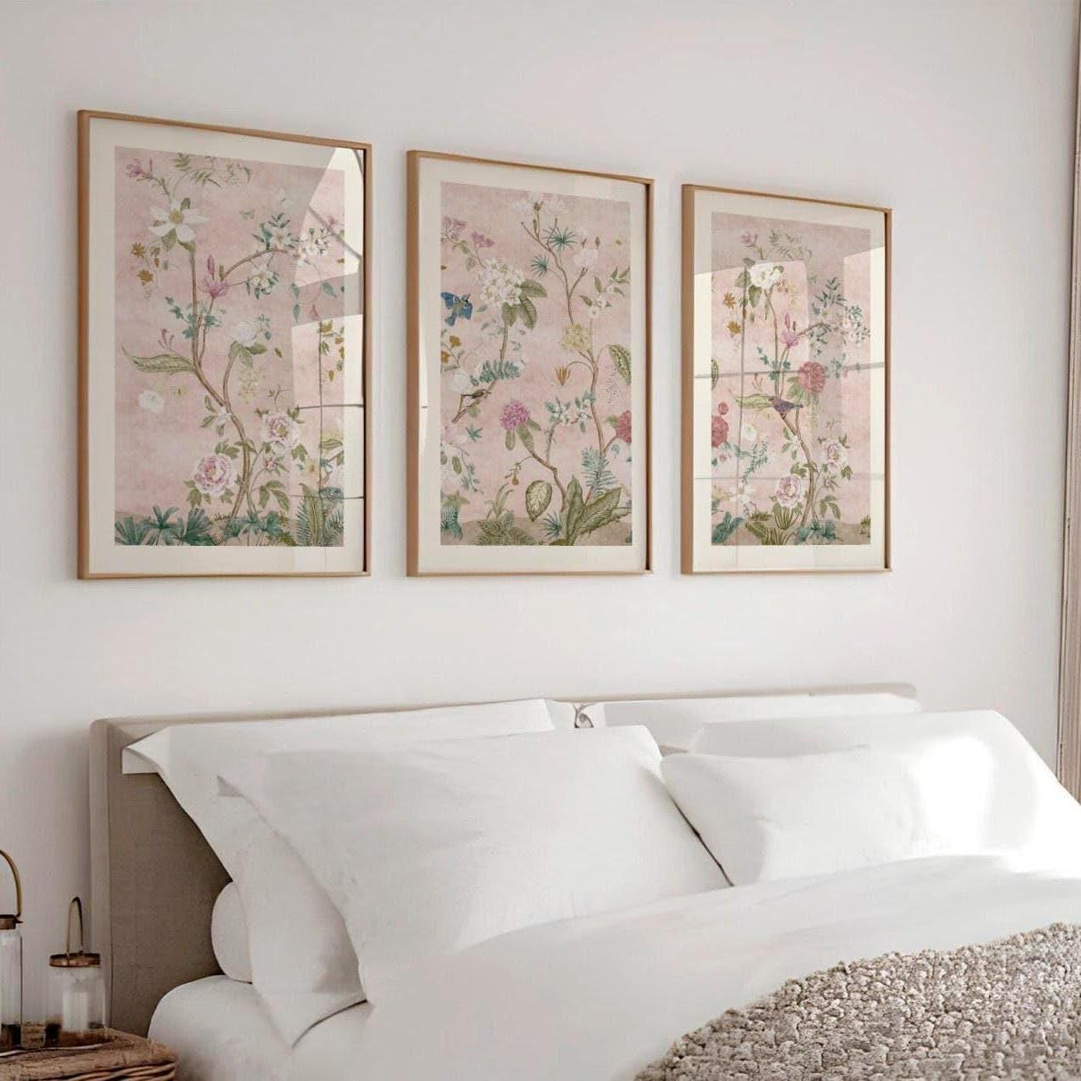 AMOSIJOY Floral Wall Art Set of 3, Botanical Prints Posters, Asian Inspired Wall Decor, Vintage Flower Artwork, Pink Nature Prints for Bedroom Living Room Decoration (50×70cm)
