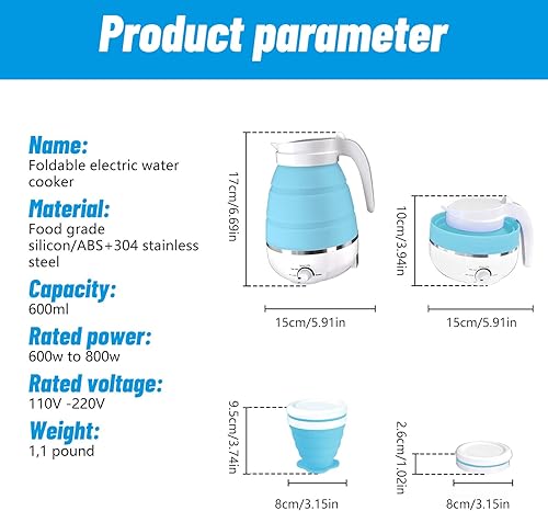 Miniatura 2 de Hervidor eléctrico plegable con 2 tazas, hervidores eléctricos de silicona para agua hirviendo, hervidor portátil para viajes, hervidor de té