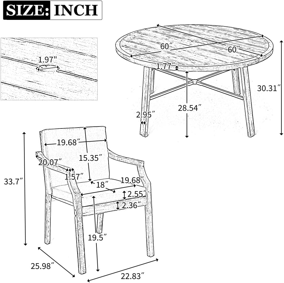 Patio Dining Set Outdoor Table and Chair Set with Removable Cushions for Patio, Backyard, Garden, Dark Brown (Grey + Wood+Metal + Foam)