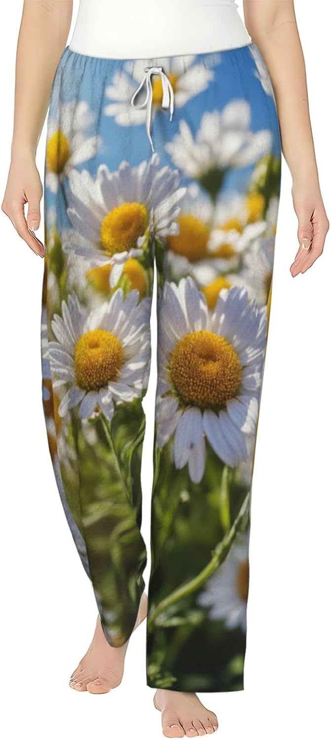 Wild White Daisy Flower Print Fashion Cozy Womens Flannel Pajama Pants,Perfect For Christmas And Everyday Wear