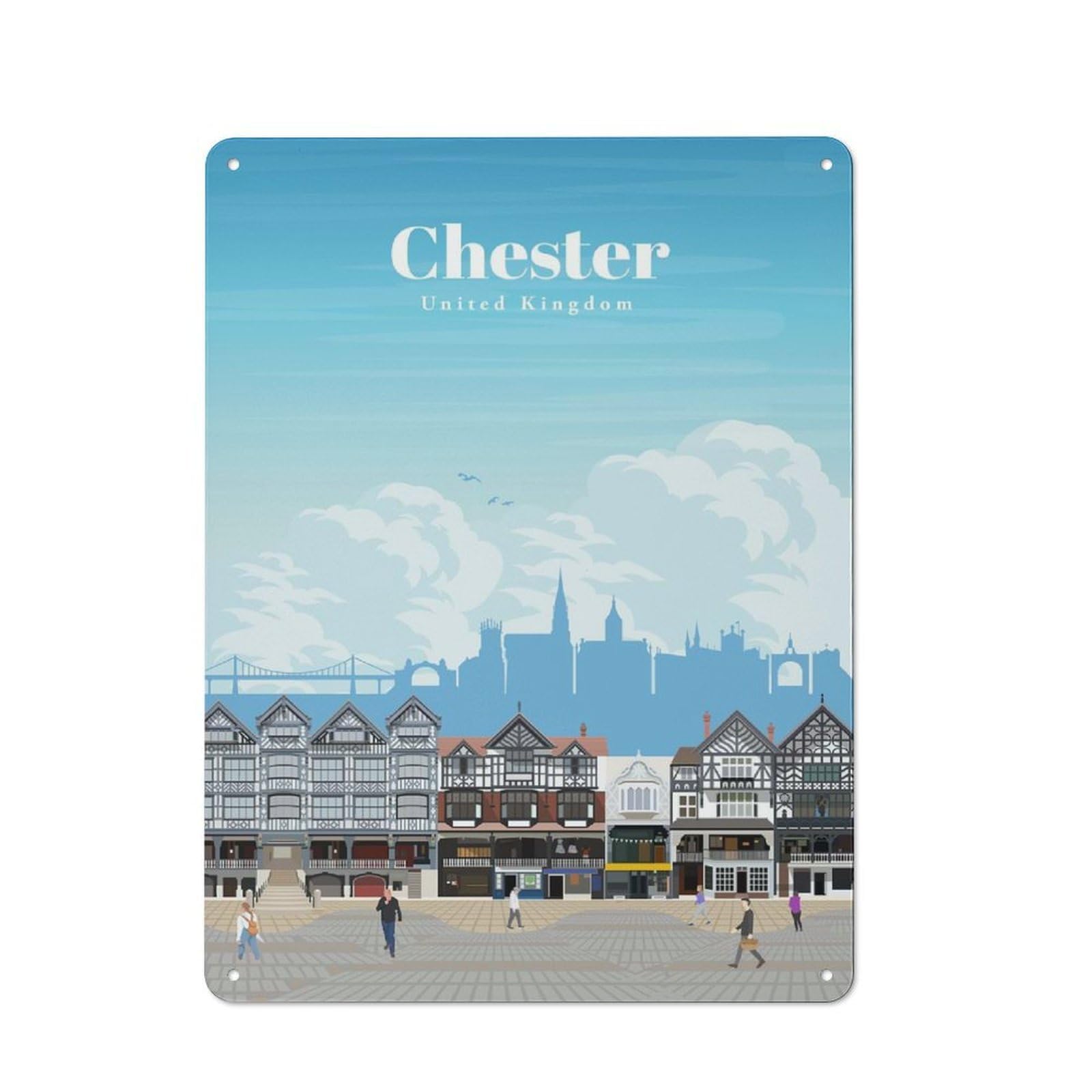 Travel to Chester Metal Wall Plaque, Clean Printed Wall Decor for Home Bar, Pub Room Or Drinks Corner, 40x30cm
