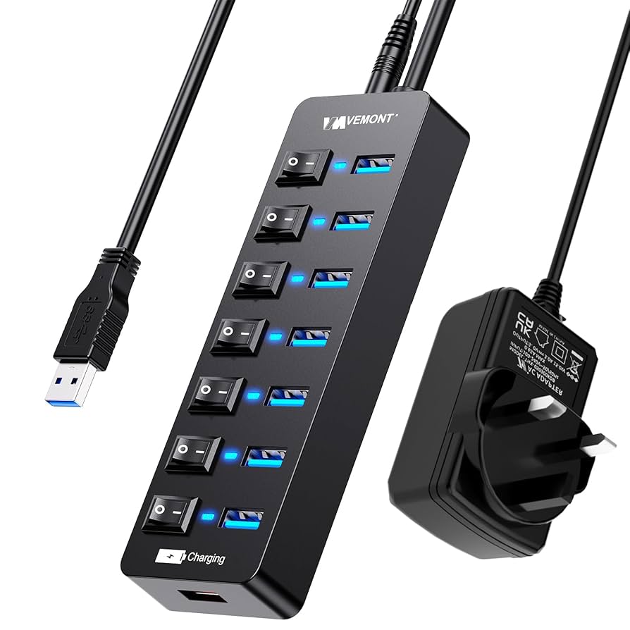 Charging Station USB Hub Powered 3.0,VEMONT 10 Ports Multi USB 3 Hub And 1 Smart Charging Port With 12V/3A Power Adapter,USB Splitter With Individual On/Off Switch And 3.9ft/1.2m Long Extension Cable For