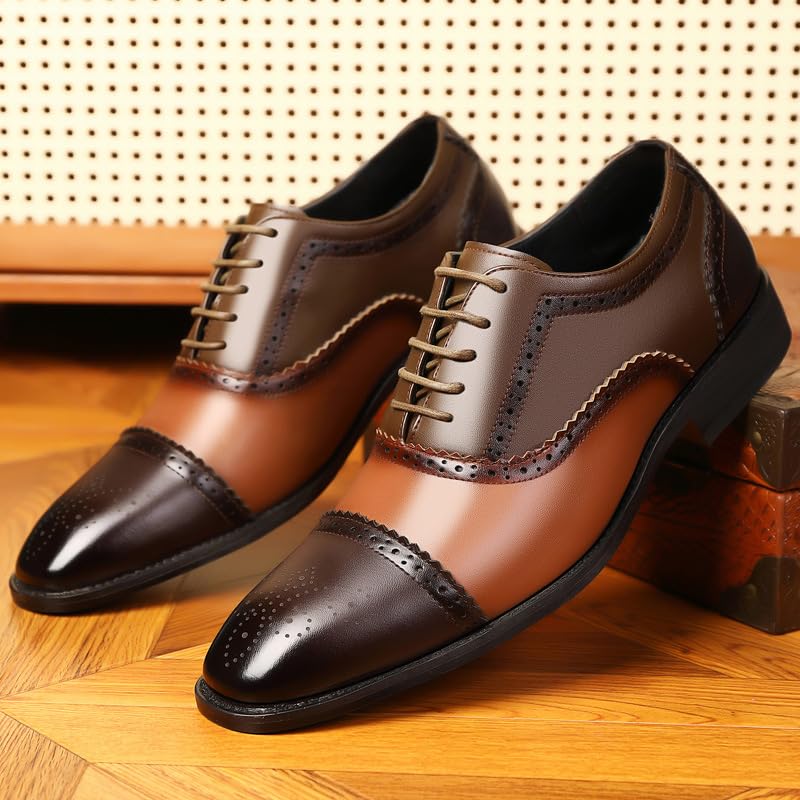 HOOENG Dress Oxford Shoes for Men Lace Up Square Toe Brogue Cap Toe PU Leather Oxford Shoes Slip Resistant Anti-Slip Low Top Prom(Color:Brown and Yellow,Size:7)2