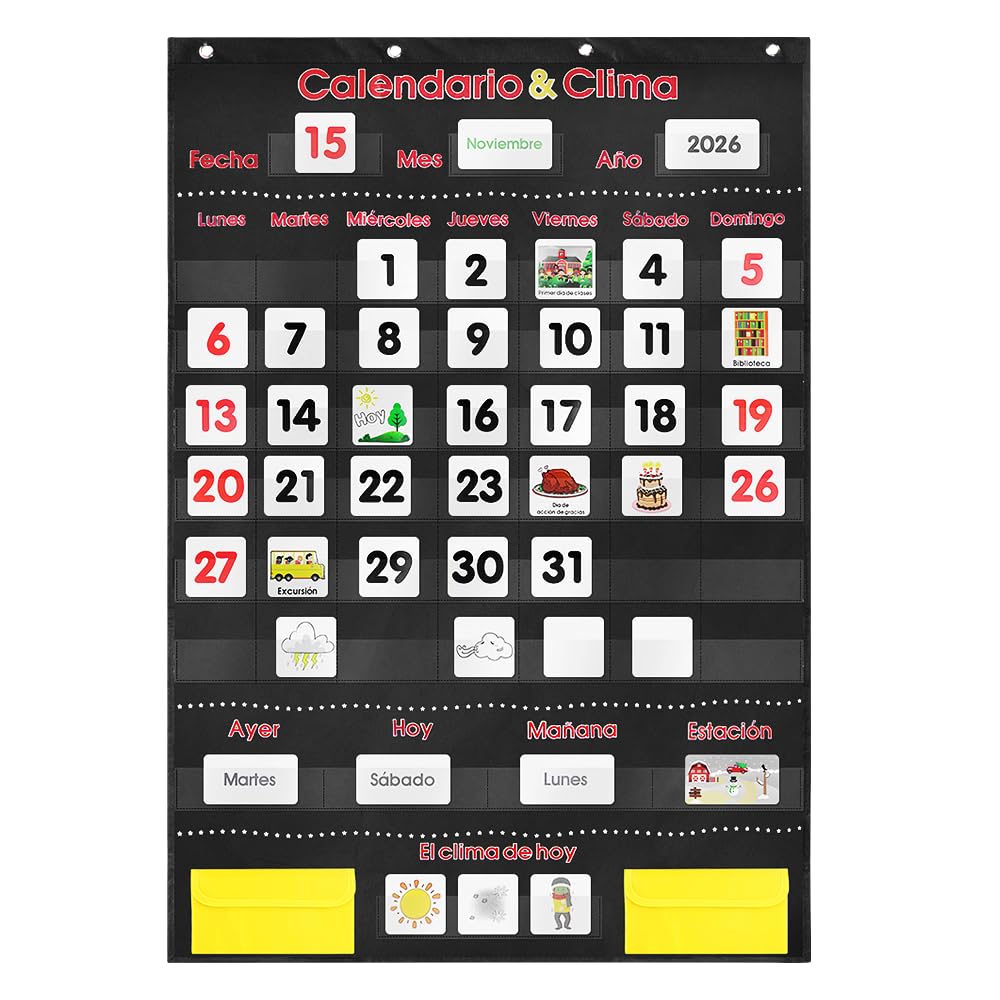 Calendario Espanol - Spanish Calendar and Weather Pocket Chart with 142 Flash Cards - Kids Calendar for Classroom Teaching,Homeschooling in Spanish (Black)-image-39