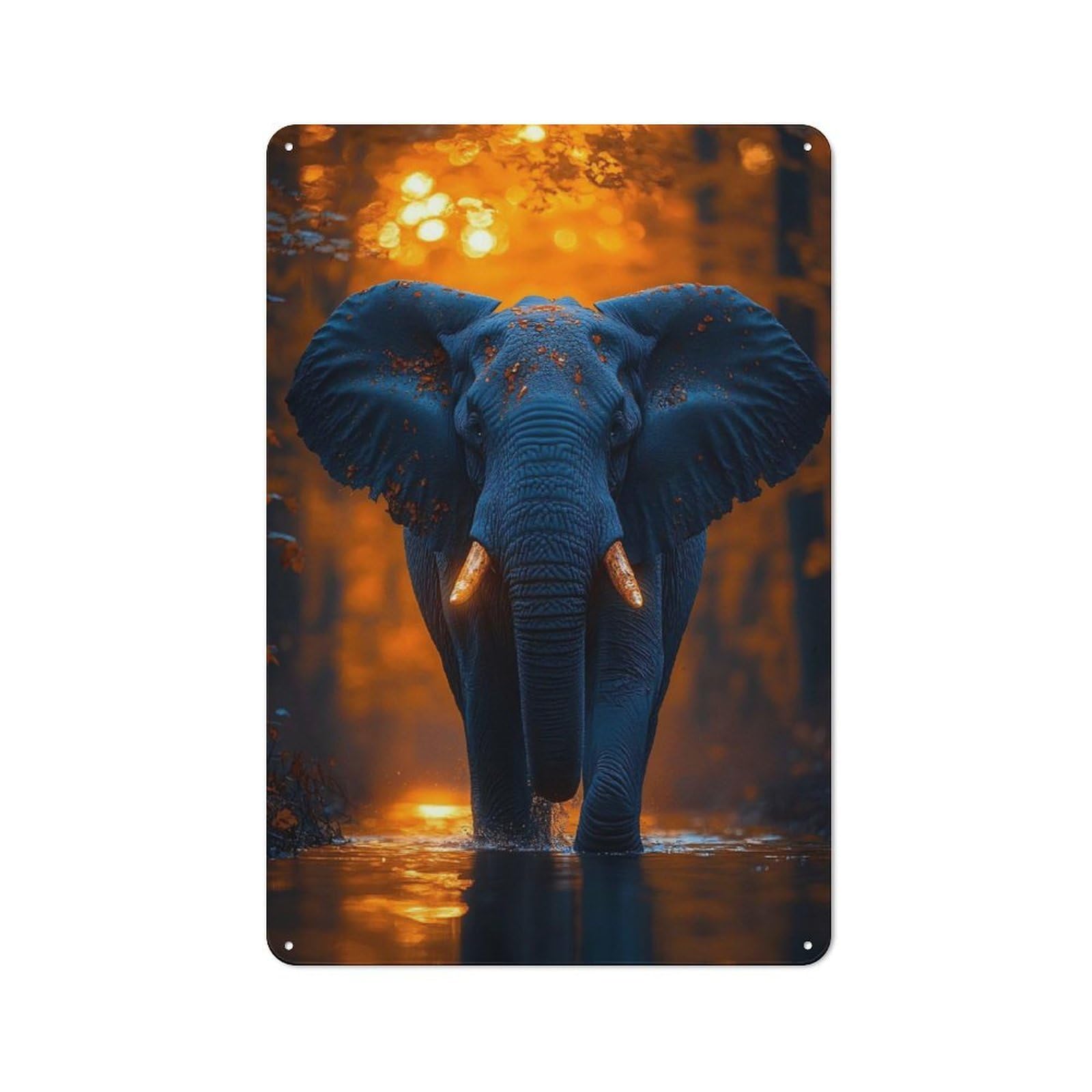 Junmoney Style-18 Tin Wall Plaque 30X20cm With Blue Elephant In Orange Forest For Hallway Wall, Suited To Hallway Decor Lovers, For Retro Home Interiors
