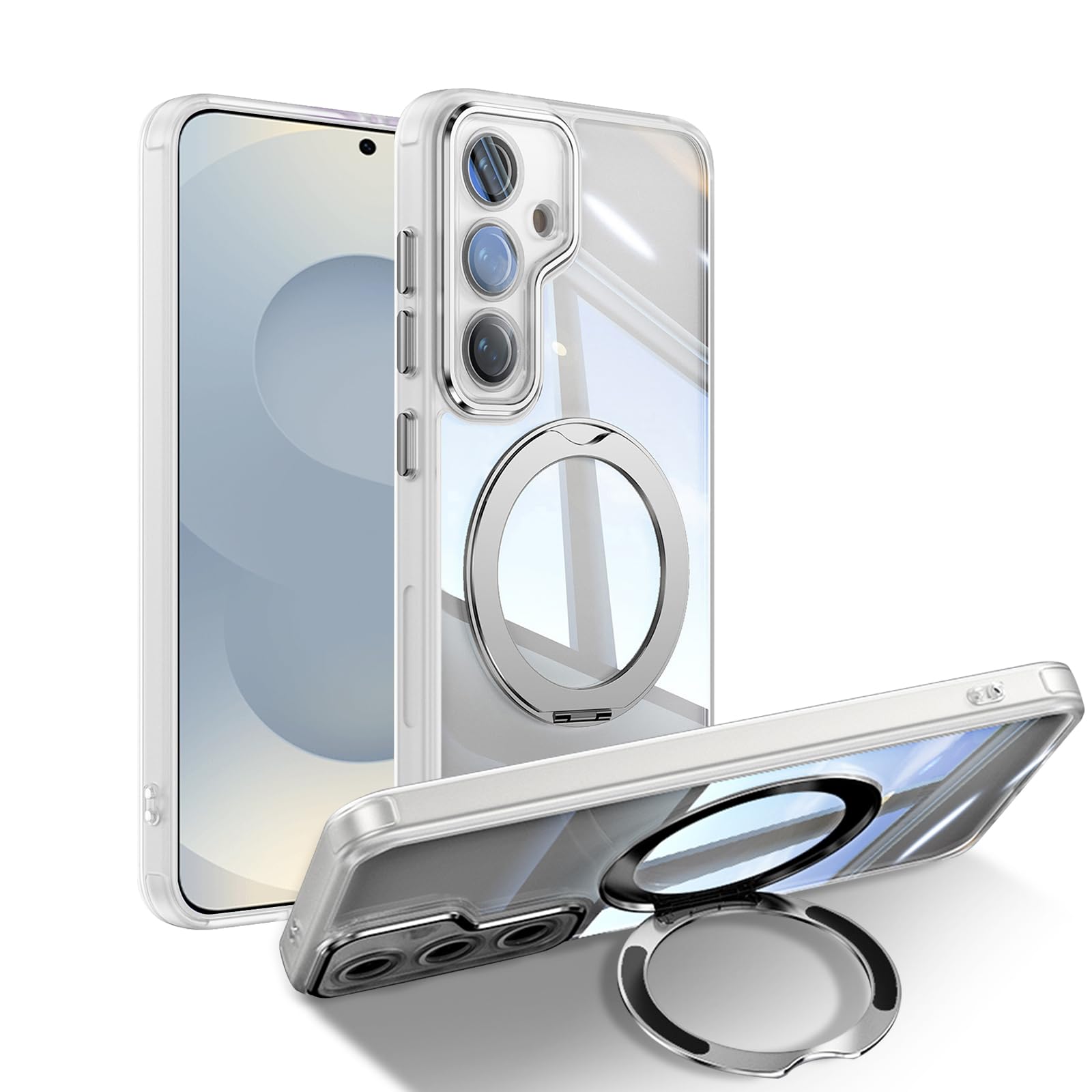 [ShinKin] スマホケースSamsung Galaxy S25 用 ケース カバー 透明PC + TPU素材 ケース リング付き カバー スタンド機能 スマホケース 透明レンズフィルム保護機能付き 強化された保護 携帯電話のレンズフィルム 軽量 耐衝撃 擦り傷防止 落下防止 車載ホルダー 360°回転 ケースSamsung Galaxy S25 用 (ホワイト)