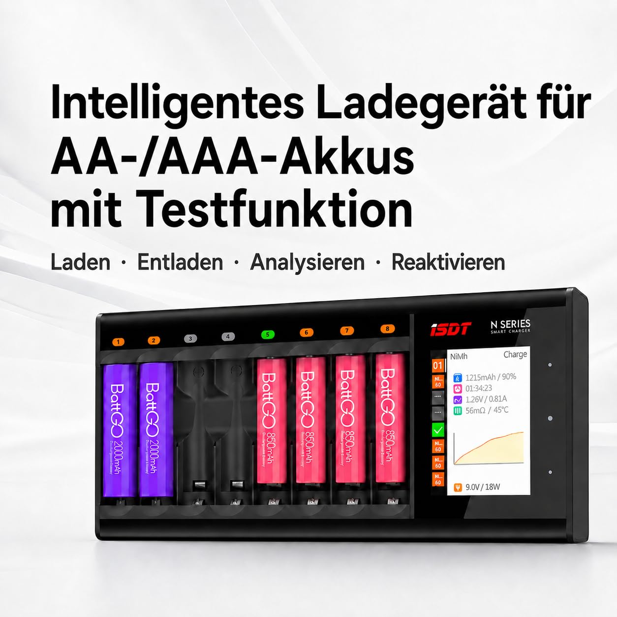 ISDT - Cargador de batería N8 AA/AAA de 8 compartimentos con pantalla a color de 2,4"