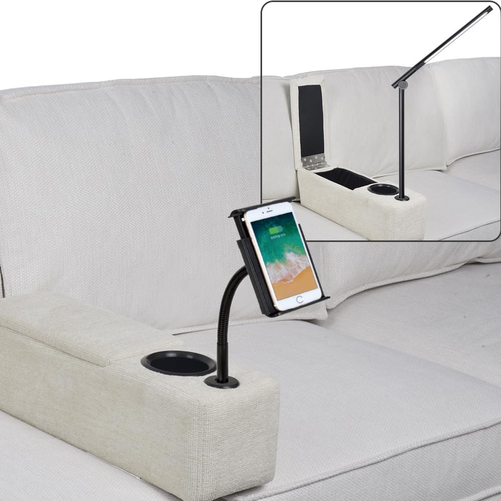 Multifunctional Removable Sofa Armrest with Cup Holder, Couch Armrest with Wireless Charge Stand, Couch Caddy with Storage,Equipped with LED Reading Light, Almond