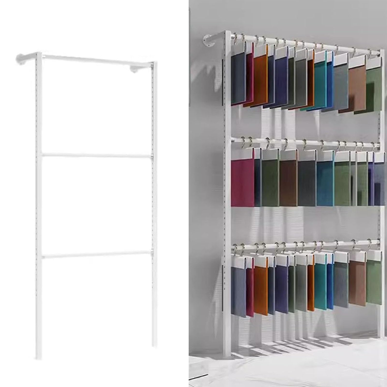 JevLoN Open Curtain Home Textile Sample Display Stand, Wall Mount Scarf Organizer Holder Commercial Metal Fabric Display Rack for Shawl/Sheets/Fabrics/Curtain Sample(White,120x25x200cm)