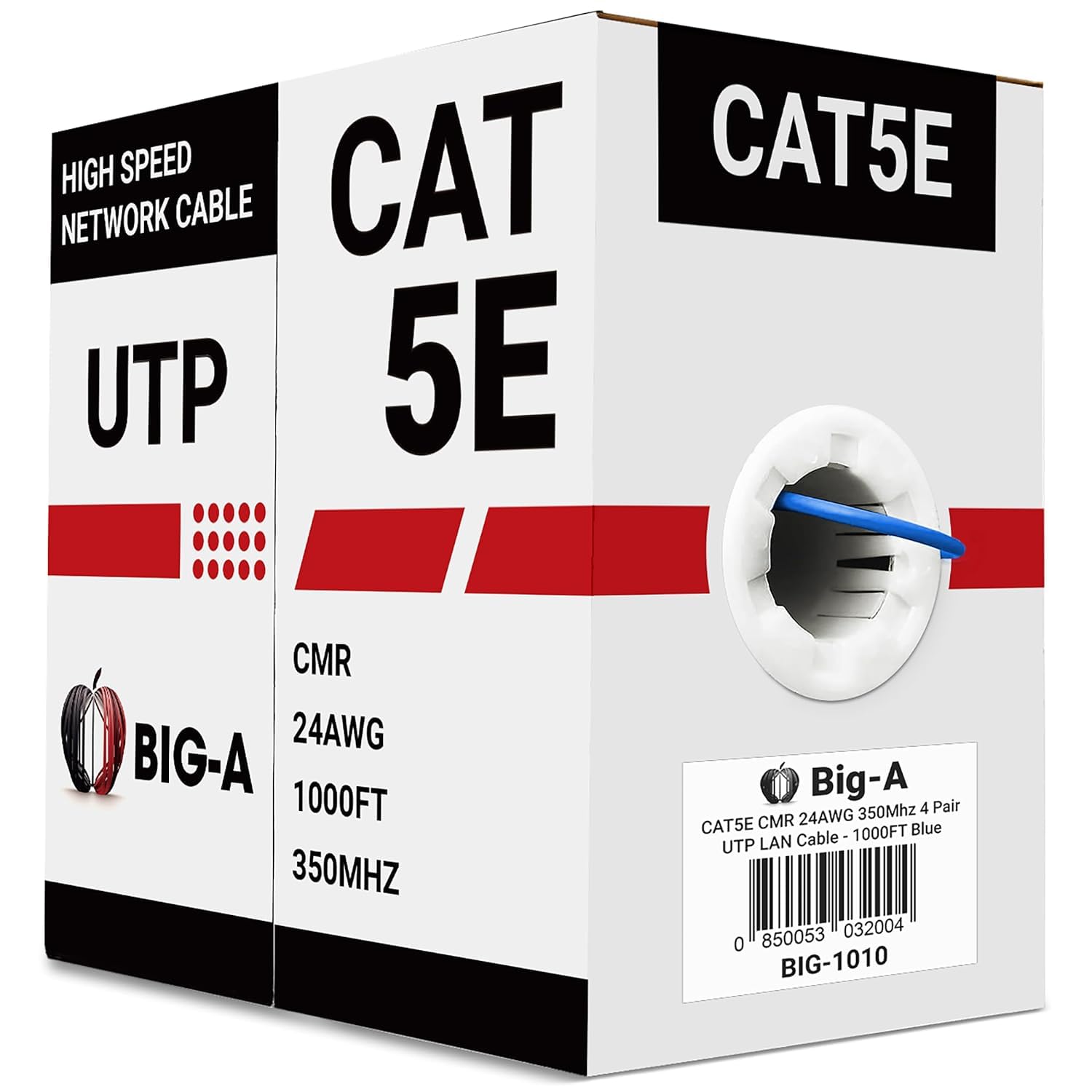 Big-A - Bulk Cat5e Cable 1000ft 24AWG Solid 4 Pair Cat5e Ethernet Cable, Unshielded Twisted Pair UTP 350MHz Internet Cable, Pull Box - Blue