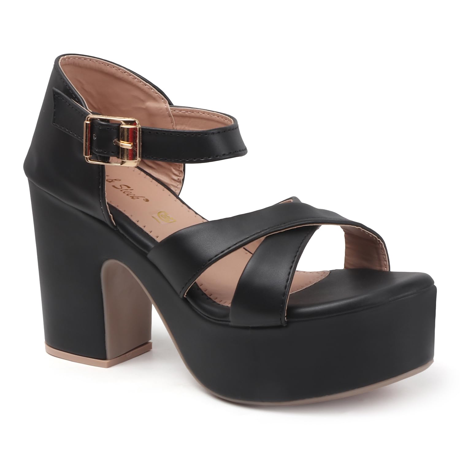 Women's Platform Block Heel Sandals, Black Leather, Cross Strap Design with Ankle Buckle, 10cm Heel-image-37