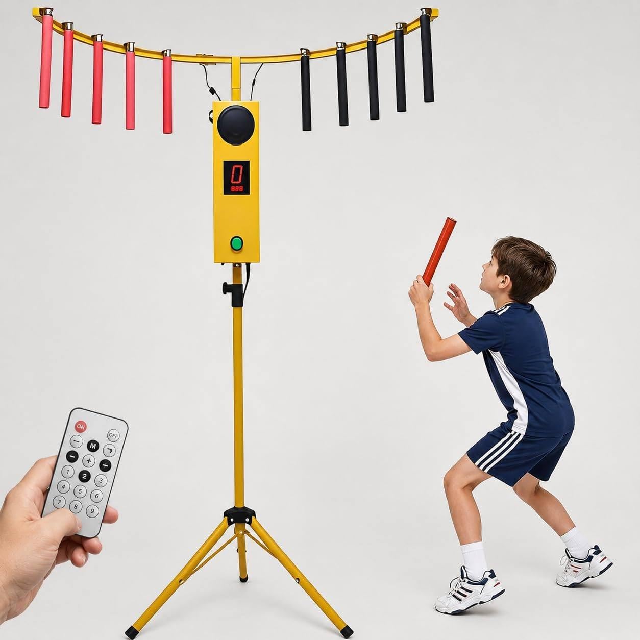 Macchina per Allenare I Riflessi, Gioco Arcade Di Cattura Aste Yellow | Con 10 Intervalli 0,1–5 S, 6 Livelli Di Difficoltà, 5 Velocità, Treppiede Regolabile E Luci LED,Per Feste Ed Eventi Aziendali