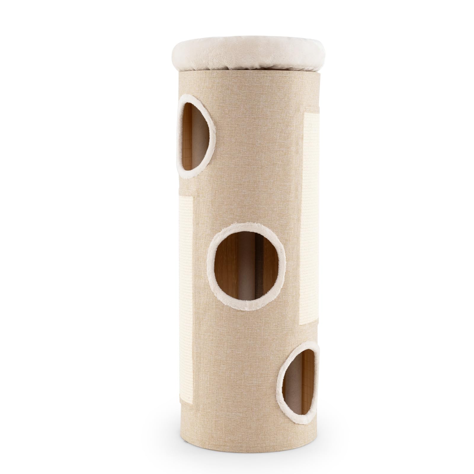 GYMAX Albero per Gatti a Forma di Barile, Casa a Più Livelli con 3 Ingressi e Letto in Pile Rimovibile, Torre da Interno con Copertura Rimovibile e Tiragraffi, per Gatti Adulti e Gattini, Beige