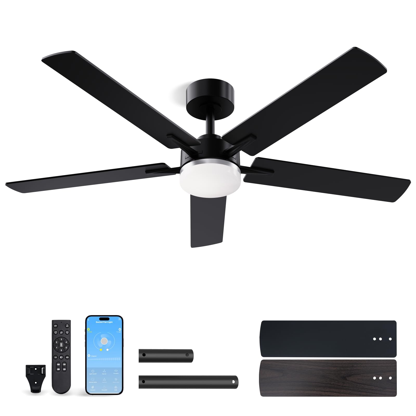 LANMEL Metal Ceiling Fan with Lights and Remote, 52 Inch, Silver &amp; Black