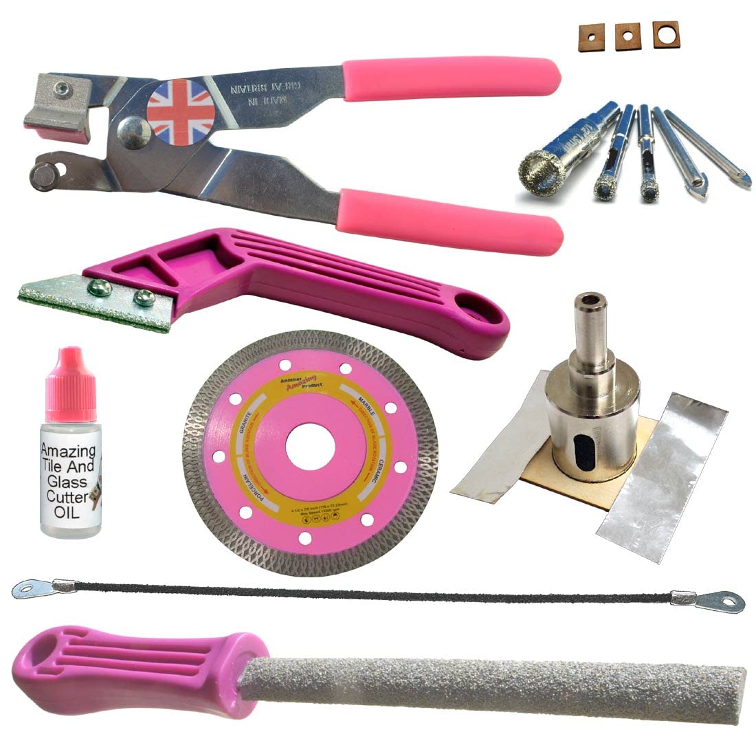 Ceramic Tile Cutters Kit - 4 Porcelain Drills, Hole Saw for Pipes, Blade for Notching, Grinder Saw for Cutting Sockets, File for Trimming Edges, Grout