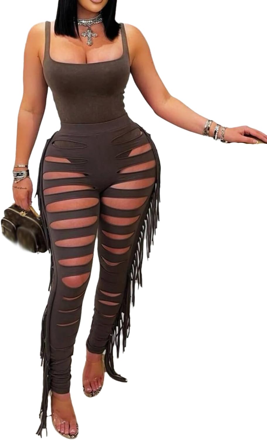 VOIKERDR Two Piece Sets for Women Outfits Sexy Bodysuit Top and Bodycon Hollow Pants Sets for Women Club