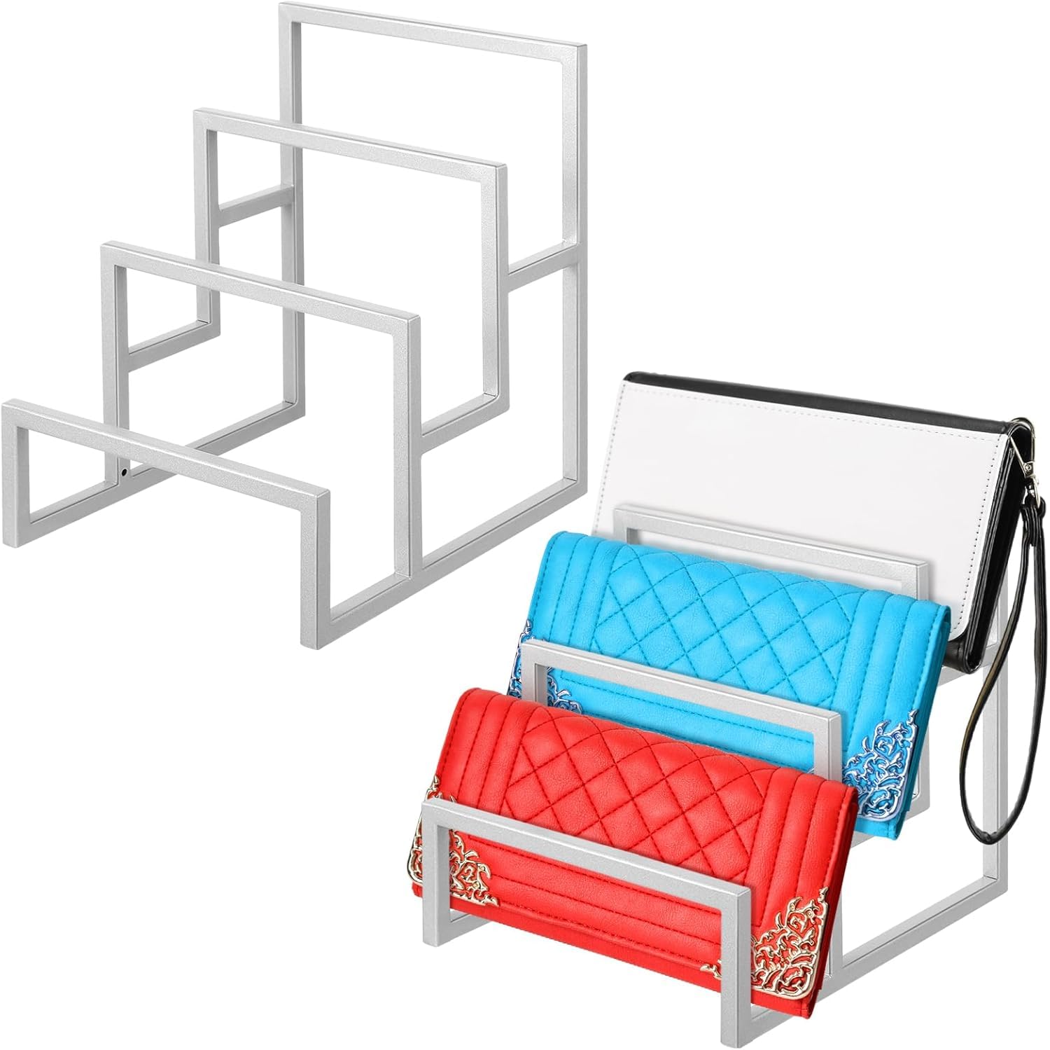 58265 2 Pack Purse Organizer for Closet Display 3 Layer Riser Stand Clutch Purse Organizer Display Metal Wallet Rack for Handbag Home Retail Boutique Store Supplies-image-3