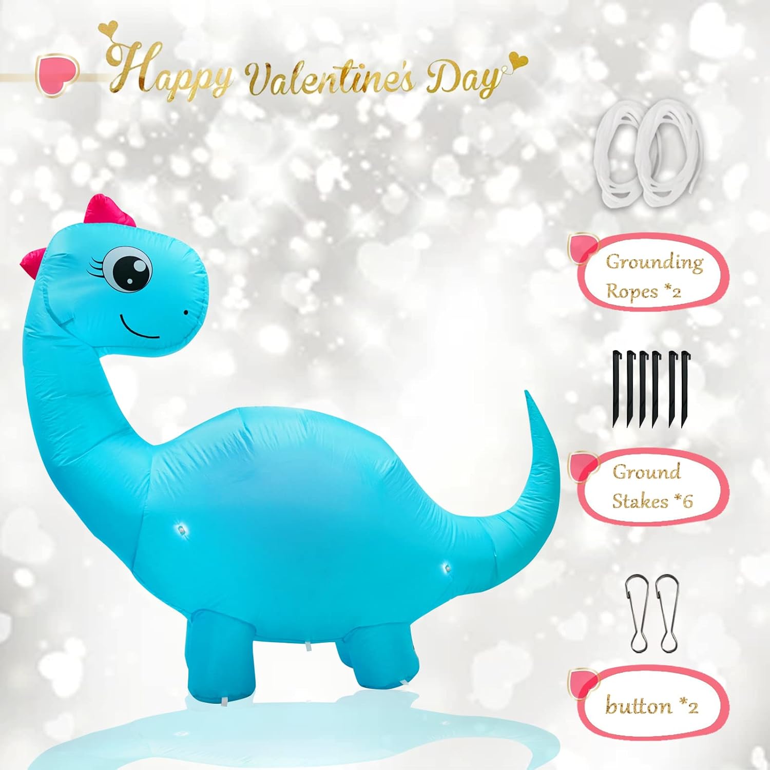 6FT Tall Valentine's Day Inflatables Cute Dinosaur with Sweet Heart, Blow Up Valentine's Day Dino Outdoor Decoration Built-in 4 LED Lights for Wedding Propose Indoor Yard Party Supplies
