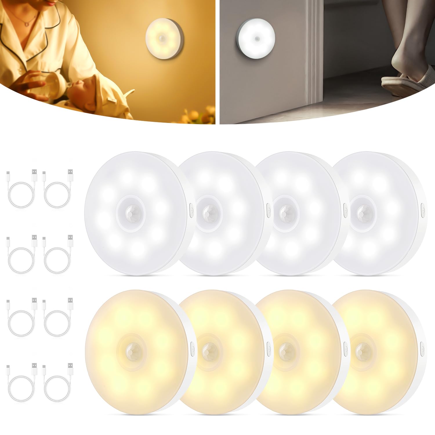 Nachtlicht mit Bewegungsmelder, USB Wiederaufladbar Treppenbeleuchtung, Dimmbar lampe mit bewegungsmelder innen, Auto/Ein/Aus, Warmweiß/Kaltweiß Schrankbeleuchtung für Flur, Schlafzimmer, Küche