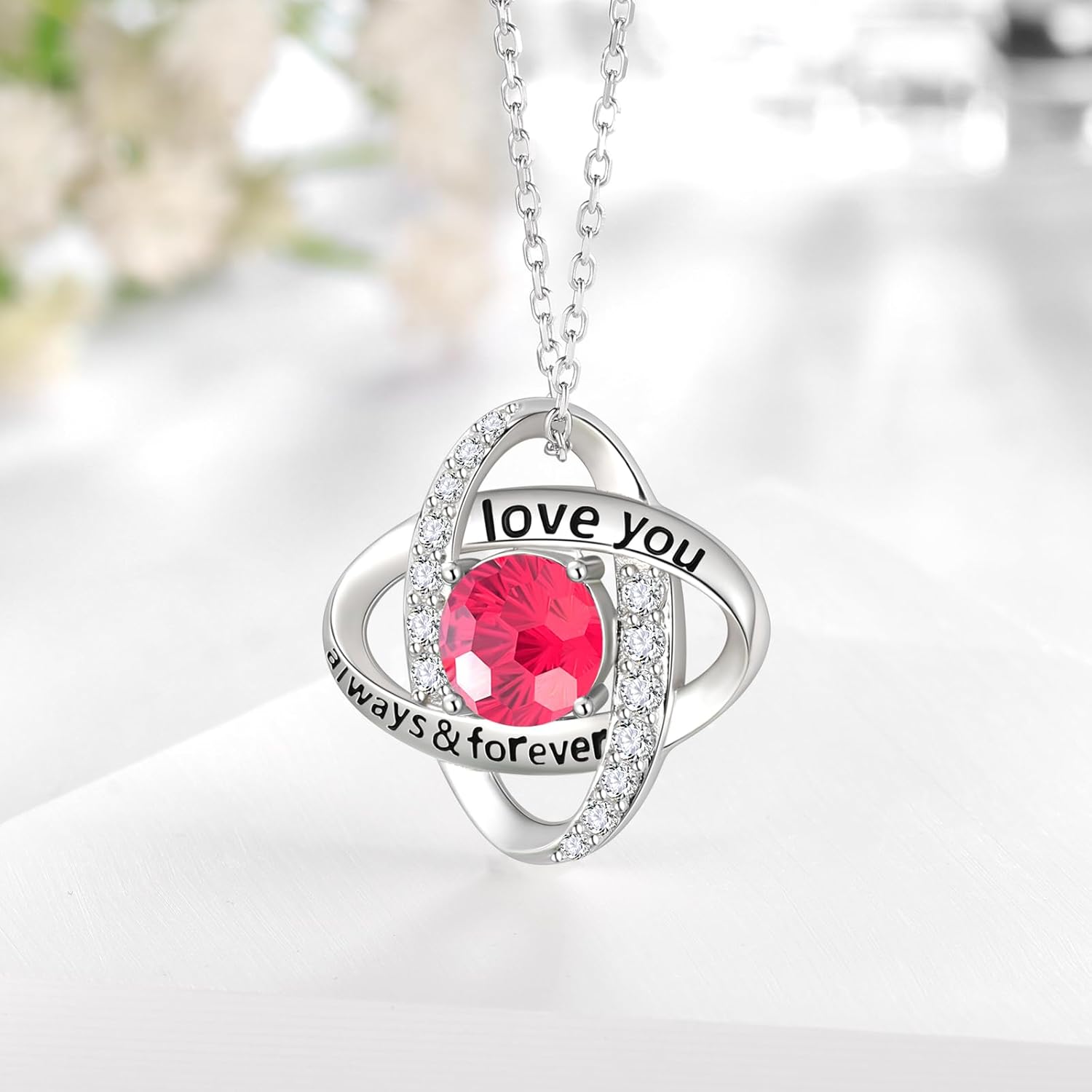 Aurora Tears Birthstone Love Knot Pendant Necklace - 925 Sterling Silver Firework-Cut Cubic Zirconia Love You Forever Necklace Anniversary Birthday Jewelry Gift for Women Wife Mom Daughter - Image 3