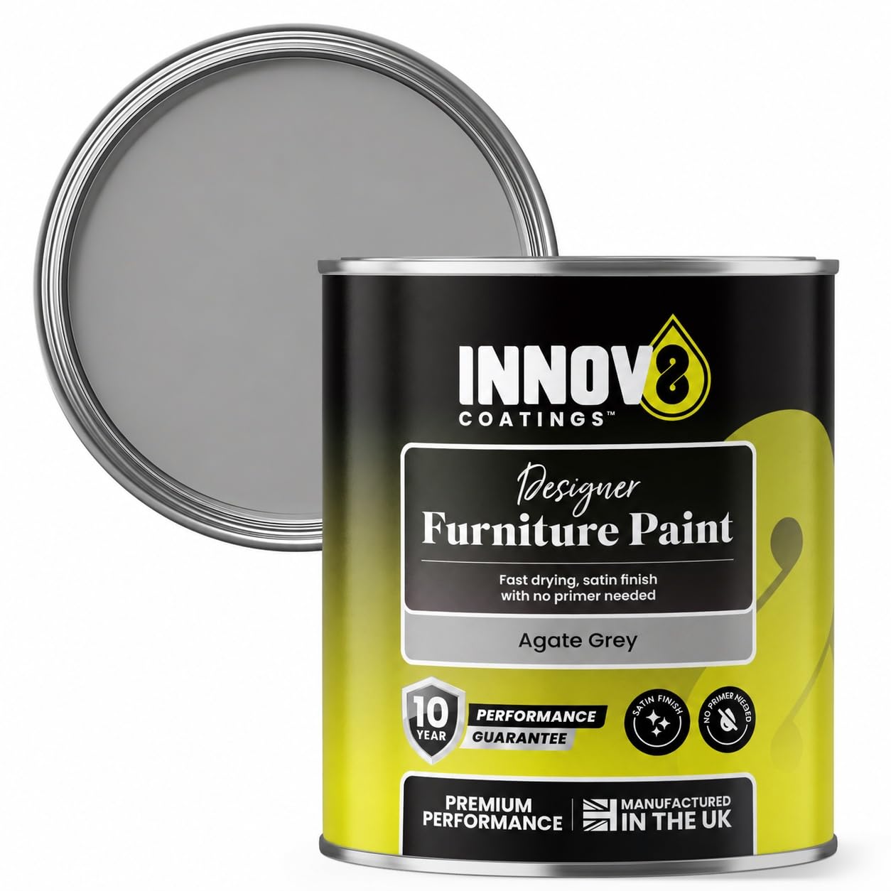 INNOV8 COATINGS Designer Furniture Paint 750ml - No Primer Needed - Fast Drying Satin Finish - 10 Year Guarantee - For Wardrobes, Dressers, Tables & Cabinets - Wood, MDF, Metal & Plastic (Agate Grey)