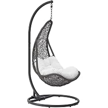 Modway Abate Wicker Rattan Outdoor Patio Porch Lounge Swing Chair Set with Stand in Gray White