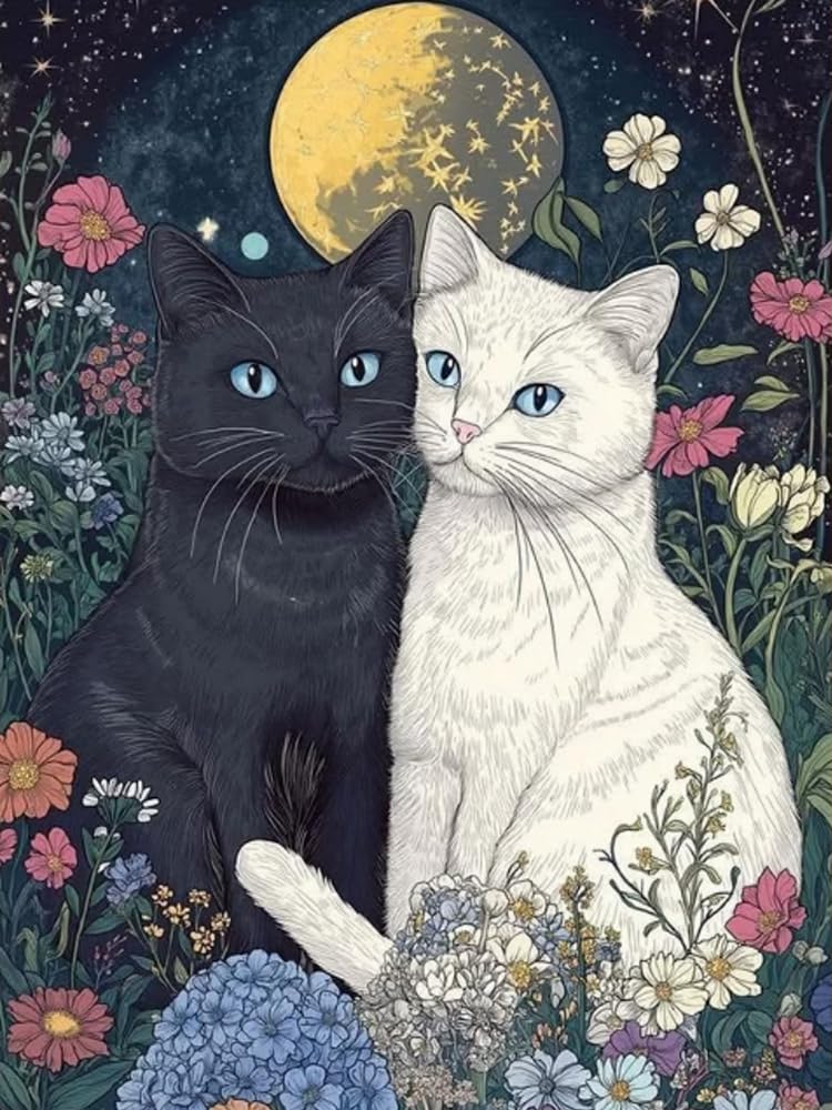 Brennora 5D Diamond Painting Kits Full Drill Round Gem Black and White Cat DIY Arts and Crafts Home Wall Decor Gift 40x50cm