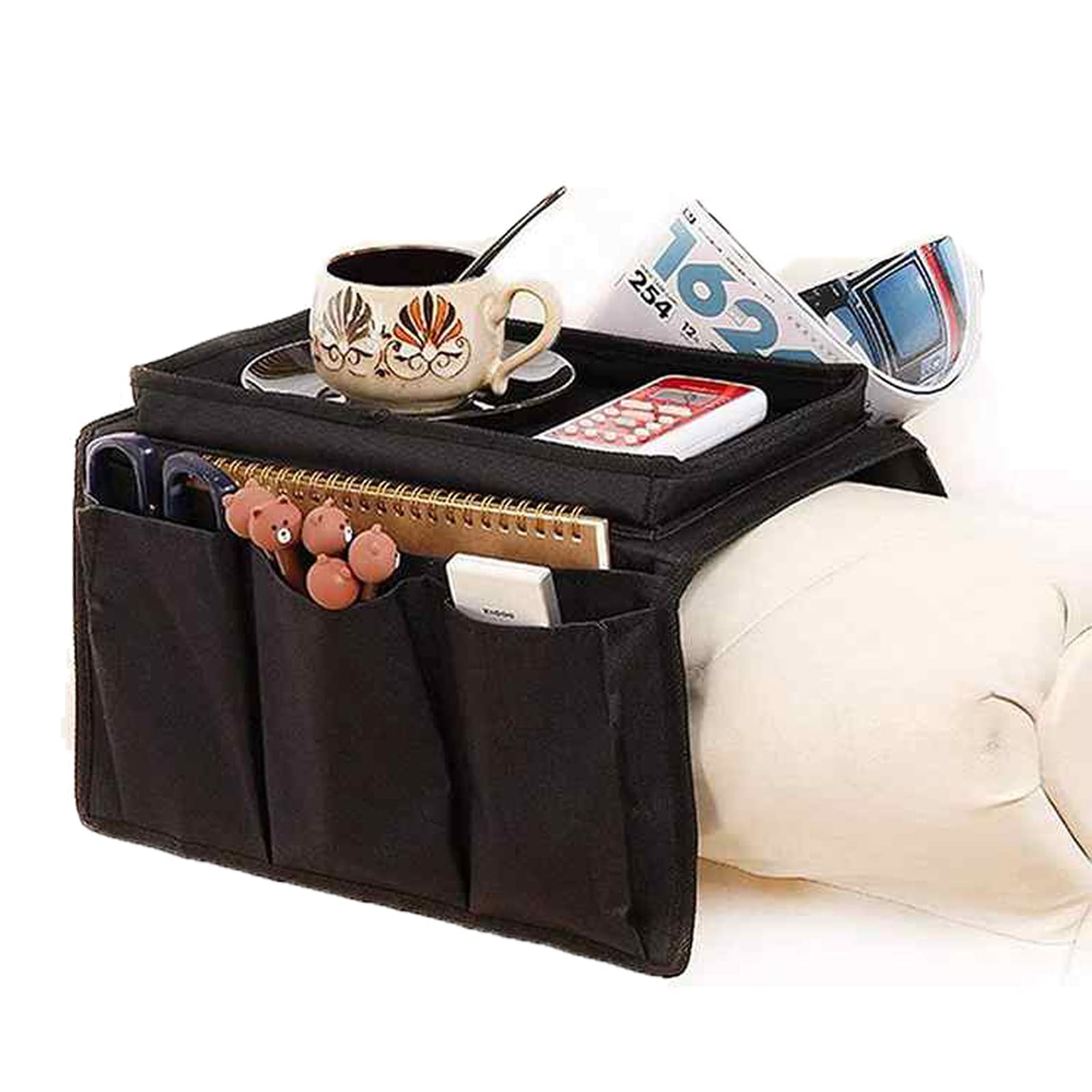 Xinchia Black Sofa Armrest Organizer For Couch Armchair Recliner Anti-Slip Hanging Storage Bag Armchair Tv Remote Control Holder Cup Holder Tray Tidy Storage Pouch With 5 Pockets For Cellphone Book Magazine Glasses
