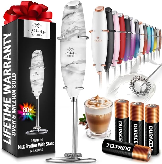 Zulay Kitchen Powerful Milk Frother Wand With 2 Duracell Batteries - Ultra Fast Handheld Drink Mixer - Electric Whisk Foam Maker for Coffee, Lattes, Cappuccino, Matcha, Hot Chocolate & Creamer - Black