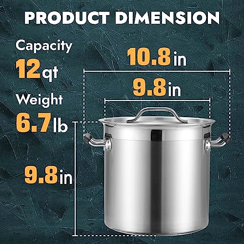CURTA 12 Quart Large Stock Pot with Lid, 18/8 Stainless Steel Cooking Pot, Commercial Cookware for Soup, Stew & Sauce, 3-ply Construction Base, Riveted Silicone Handle. - Image 2