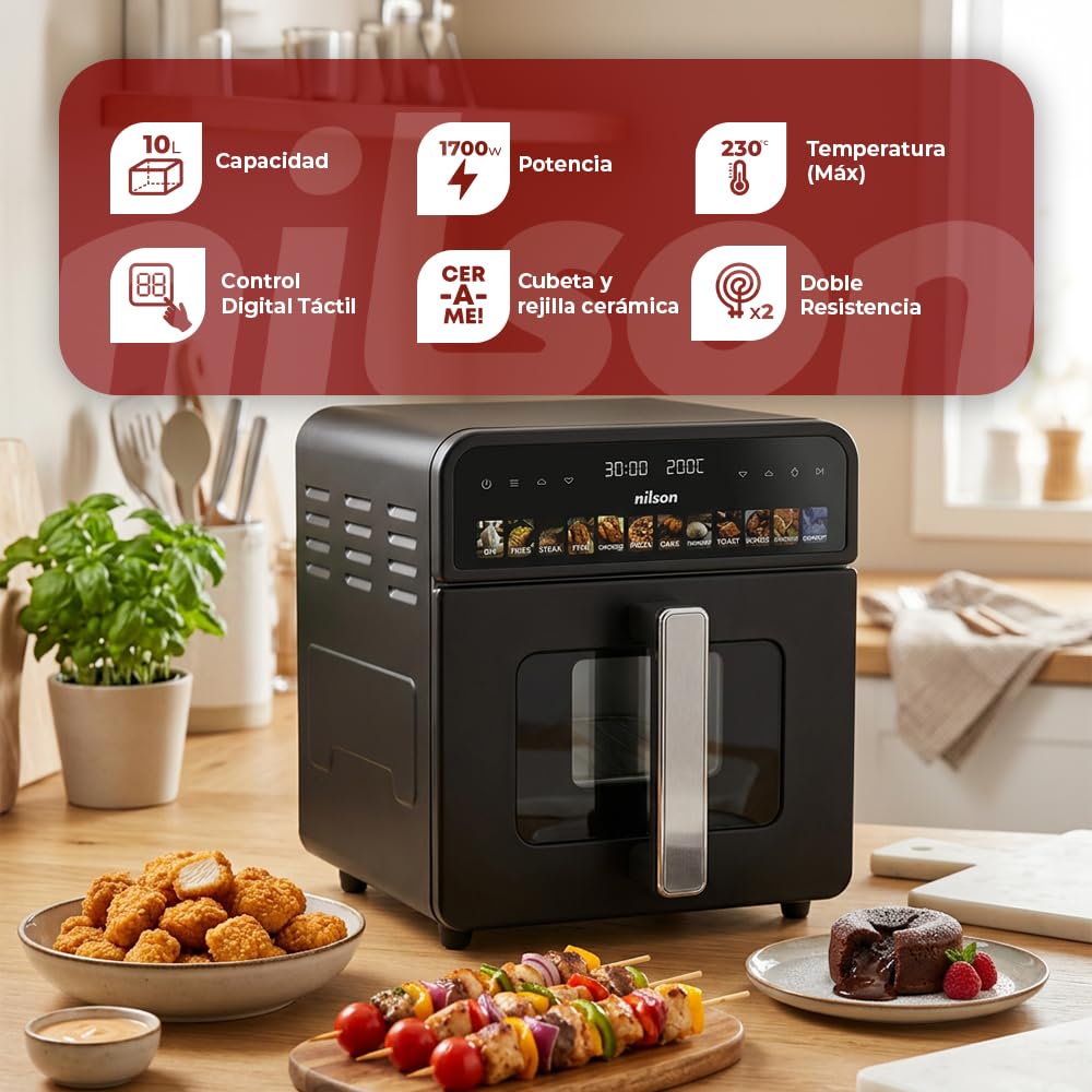 Freidora de Aire sin Aceite 10 Litros, Air Fryer NAF1000CXD, 1700 W, 35-230º C, Display LED, 12 Programas, Cesta Interior Antiaherente, Ventana de Visualización, Doble Resistencia