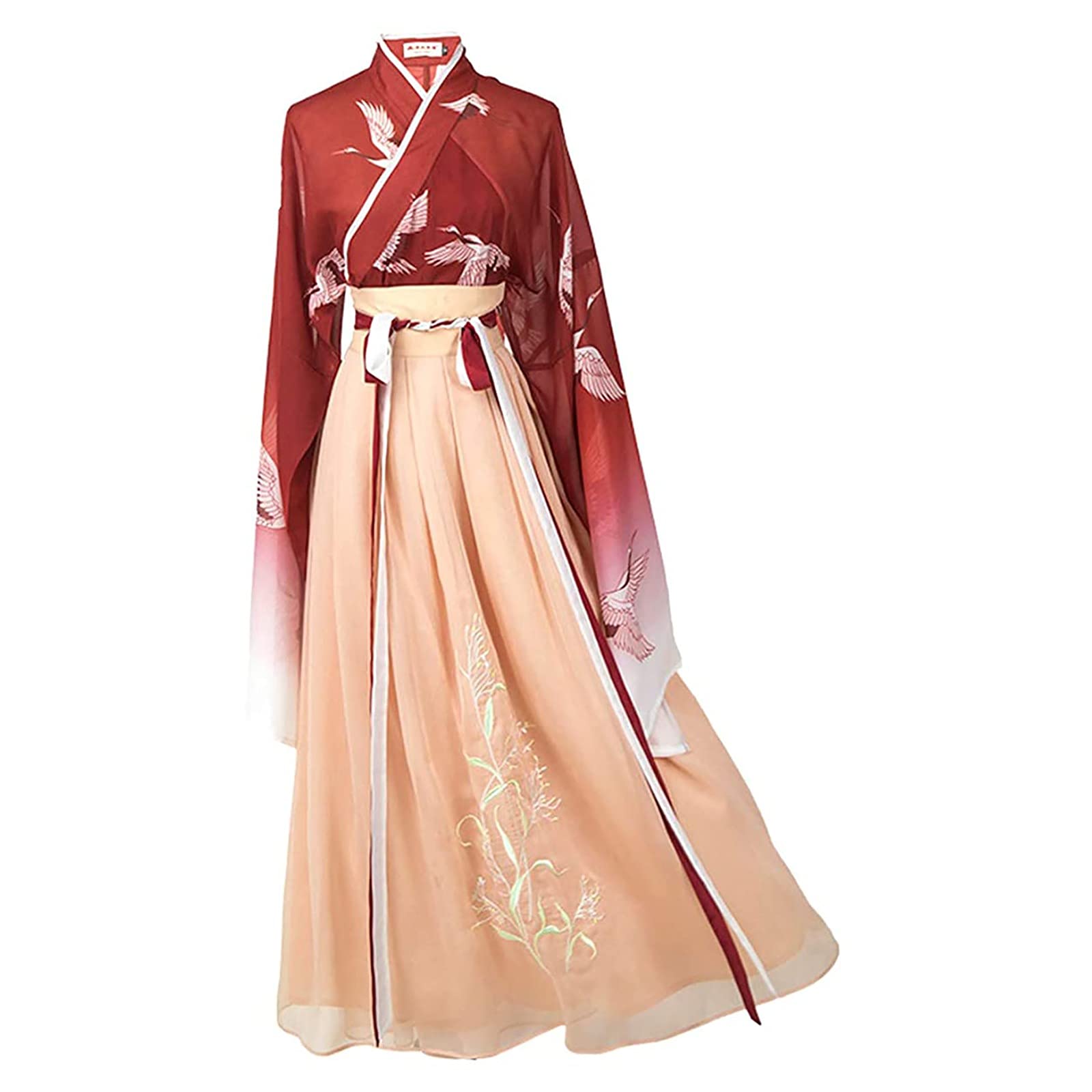 VEMOW Ropa de Mujer Traje Han Tang, Traje Tradicional de Estilo Chino Antiguo Mangas Rectas Vestidos Traje Antiguo de Hanfu ImpresióN de Grulla Para Show de Escenario Actuaciones Cosplay