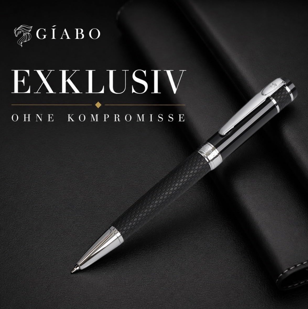 Gíabo Kugelschreiber hochwertig mit PU-Leder-Schaft und Chrome-Details | Schwarz schreibend | Edelstahl- und Messing-Mischung | Präzise Mine | Eleganter Business-Stift für Büro und besondere Anlässe