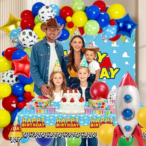 Fexichuji F-TOY BIRTHDAY PARTY152 Cartoon 154Pcs Toys Inspired Story Birthday Decorations Including Balloon Arch, Backdrop, Tablecloth And Rocket Balloons, Toys Inspired Story Themed Birthday Party Supplies thumb #1